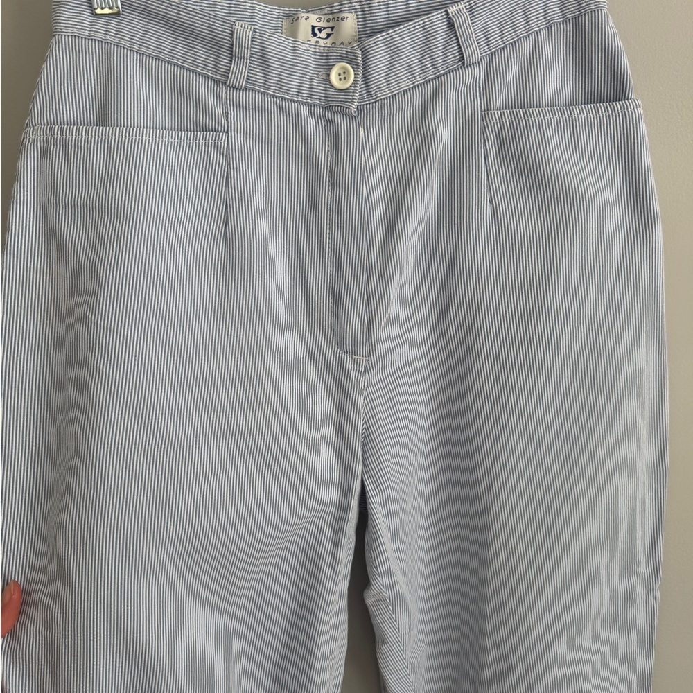 Blue & White Seersucker High-Waisted Pants